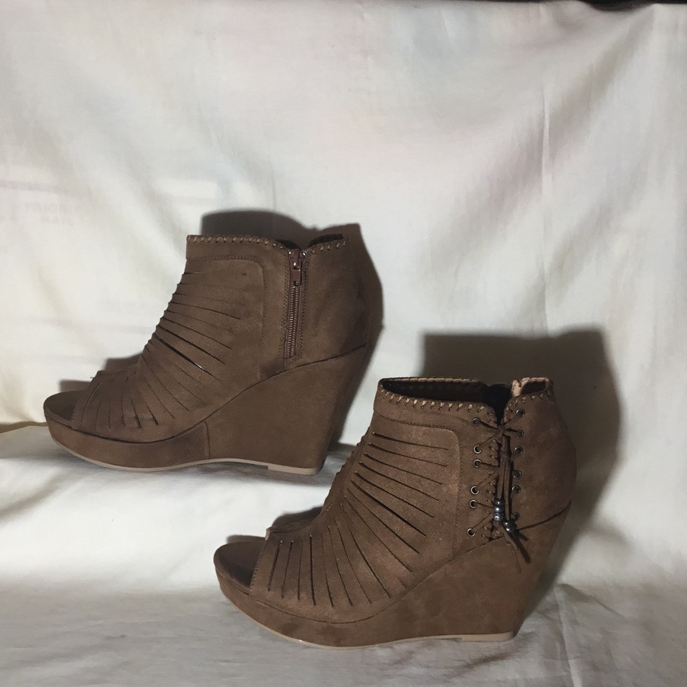 Brown Suede Wedge Peep-Toe Booties - Women